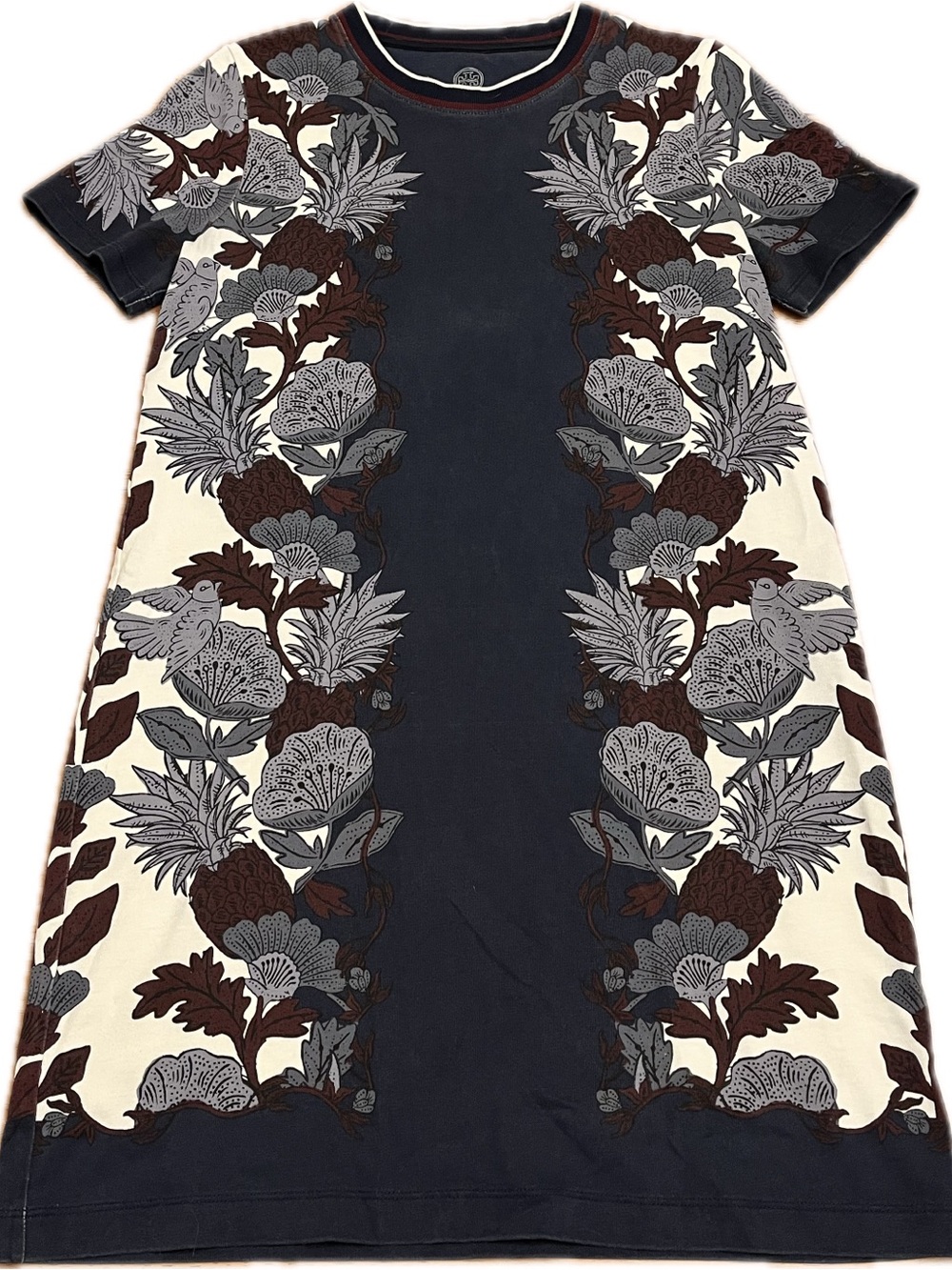 TORY BURCH Sz S Printed T-Shirt Dress Imperial Garnet Wonderland Vine